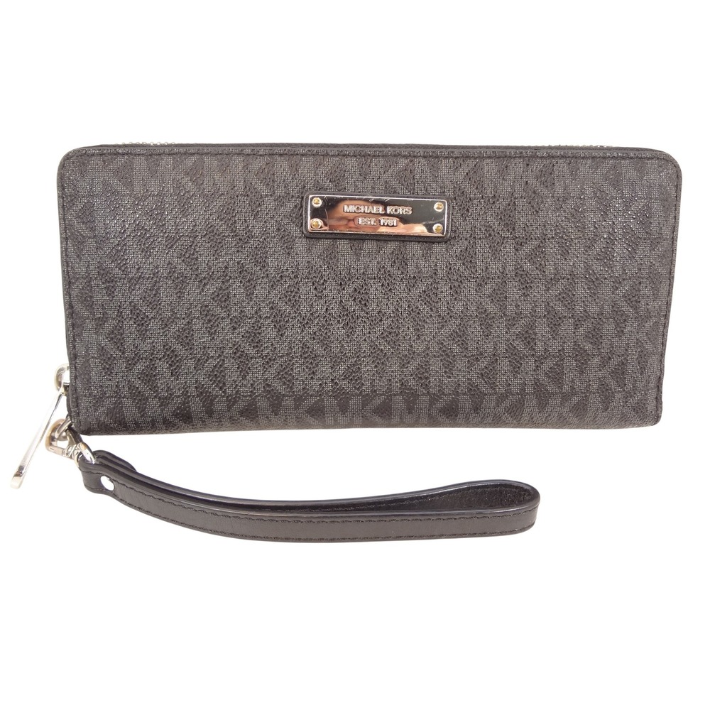 Michael Kors Jet Set Travel Continental Wristlet Wallet Black‎ Grey Monogram Zip